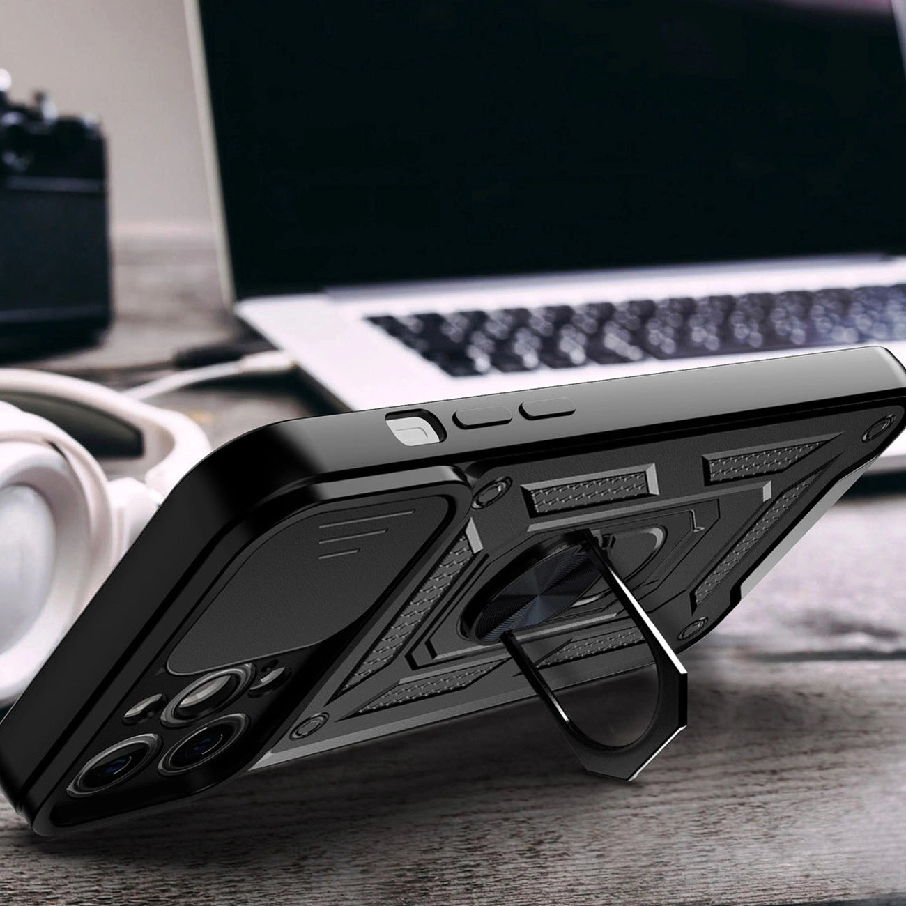 Hybrid Armor Camshield case for iPhone 14 Plus armored case with camera cover black_4