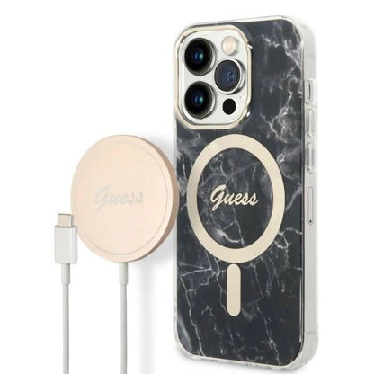 Set Guess GUBPP14LHMEACSK Case+ Charger iPhone 14 Pro 6.1" black/black hard case Marble MagSafe_0