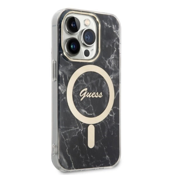 Set Guess GUBPP14LHMEACSK Case+ Charger iPhone 14 Pro 6.1" black/black hard case Marble MagSafe_3
