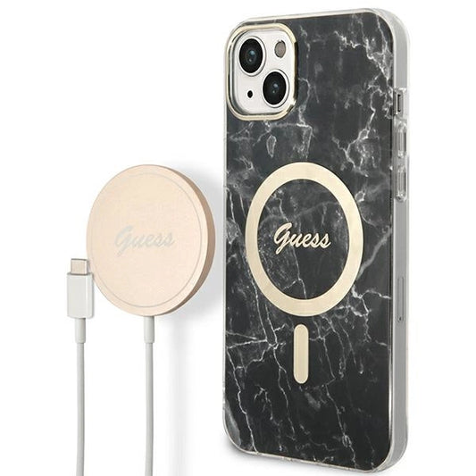 Set Guess GUBPP14SHMEACSK Case+ Charger iPhone 14 6.1" black/black hard case Marble MagSafe_0