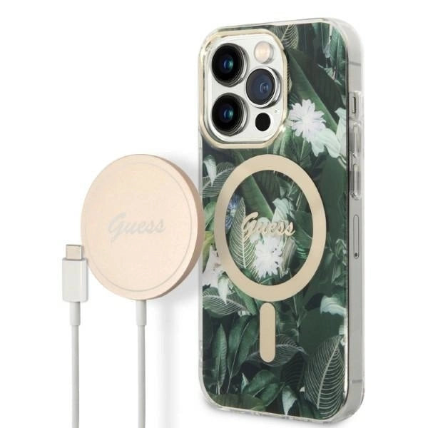 Set Guess GUBPP14XHJEACSA Case+ Charger iPhone 14 Pro Max 6.7" green/green hard case Jungle MagSafe_0