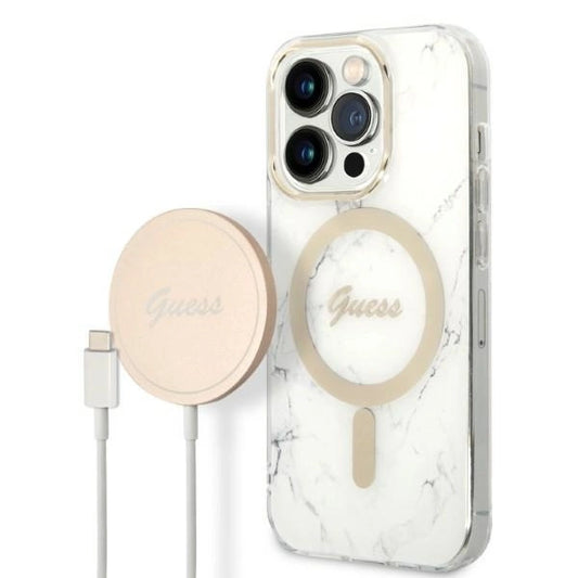 Guess Marble MagSafe Case + Charger Set for iPhone 14 Pro Max 6.7&quot; - White_0