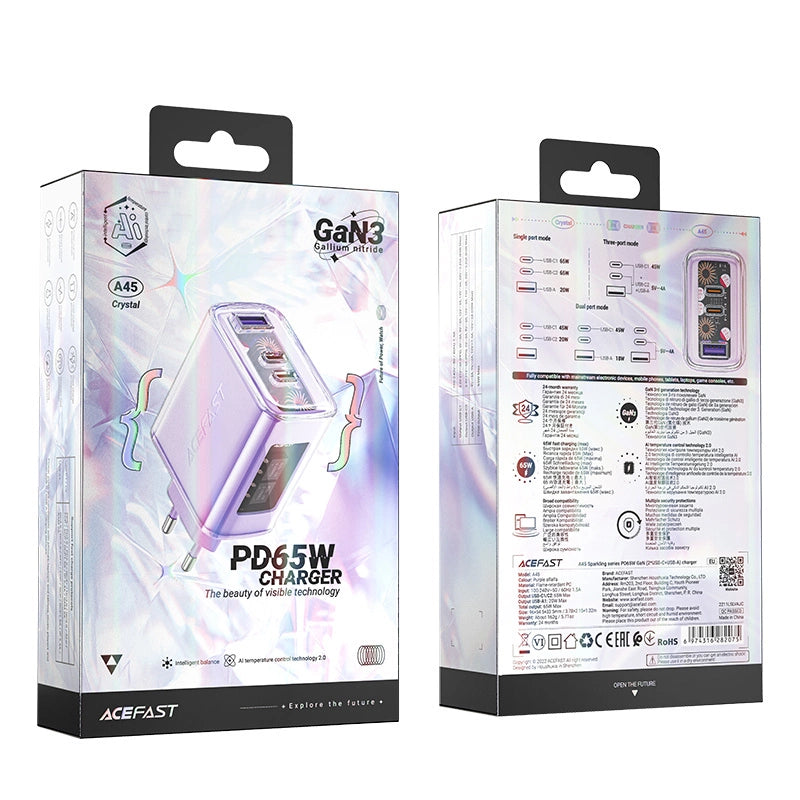 Acefast charger GaN 65W 3 ports (1xUSB, 2xUSB C) purple (A45)_3