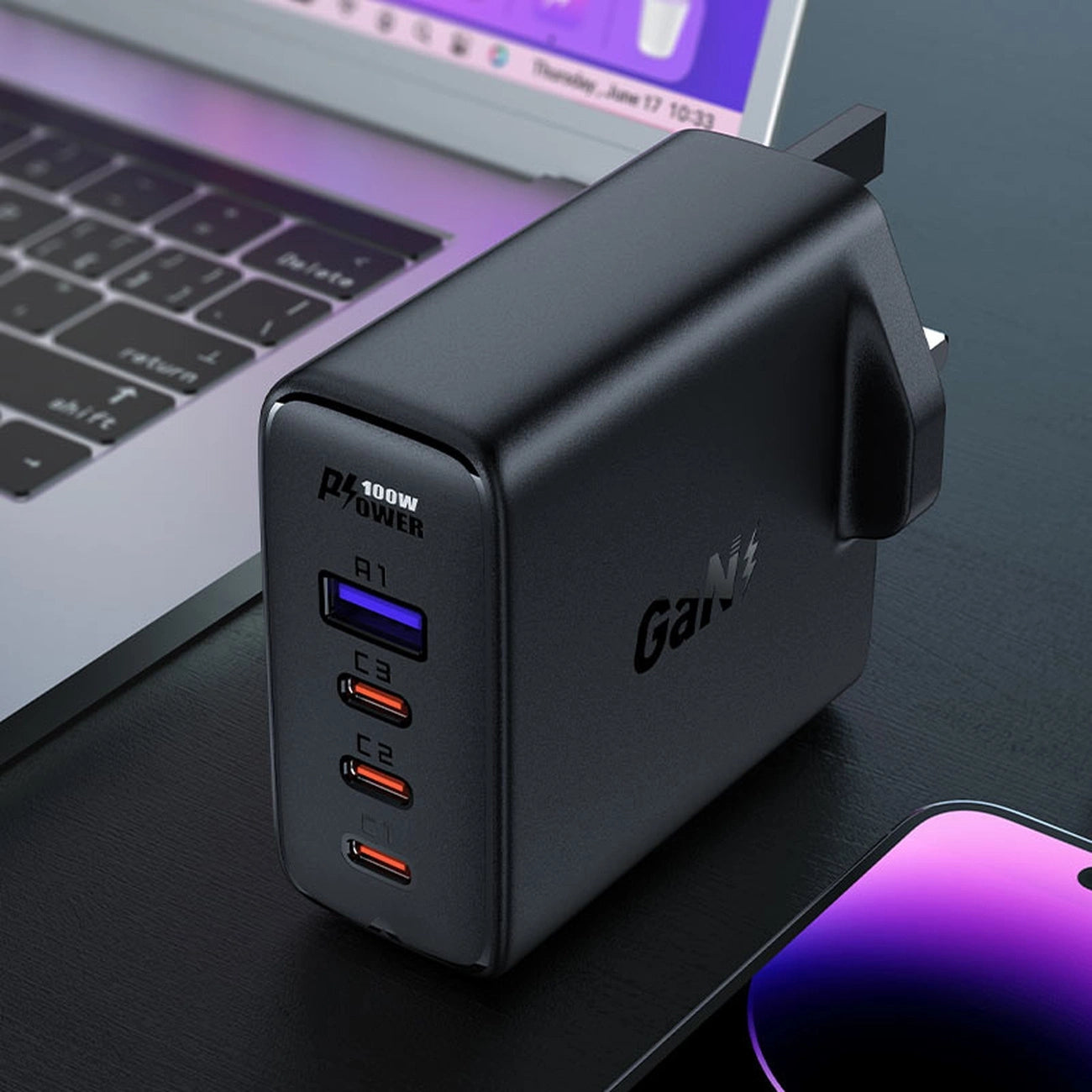 Fast charger GaN UK 100W Power Delivery 3x USB C 1x USB - black_2