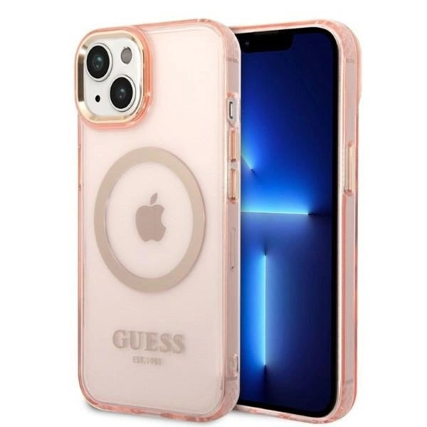 Guess GUHMP14MHTCMP iPhone 14 Plus 6.7" pink/pink hard case Gold Outline Translucent MagSafe_0