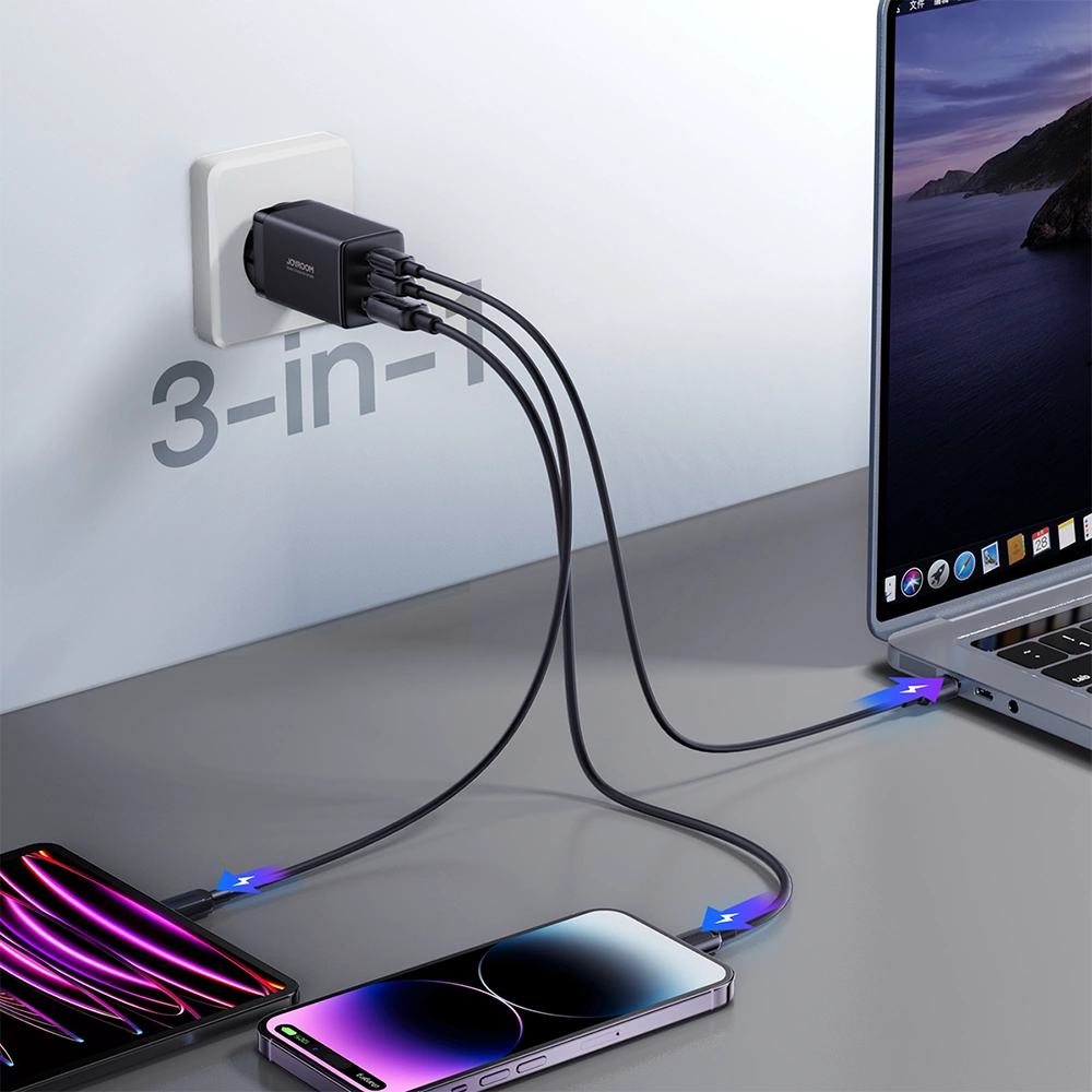 Joyroom fast GaN charger 65W USB-A, 2x USB-C black + USB-C - USB-C cable 100W 1.2m (TCG01)_8