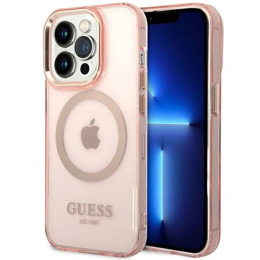 Guess GUHMP14XHTCMP iPhone 14 Pro Max 6.7&quot; pink/pink hard case Gold Outline Translucent MagSafe_0