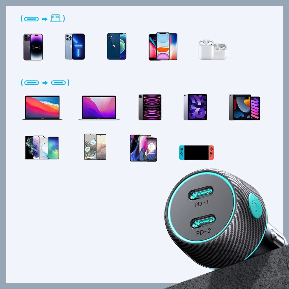 2x USB C 70W car charger with LED backlight Joyroom JR-CCN02 - black_5