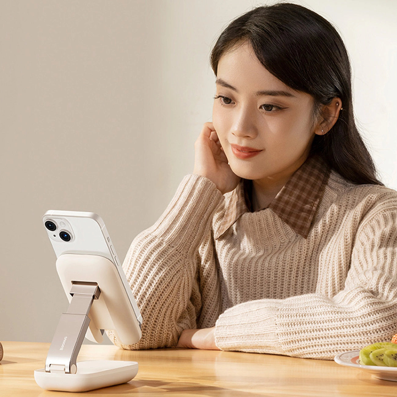 Adjustable phone stand with mirror Baseus Seashell Series - beige_23