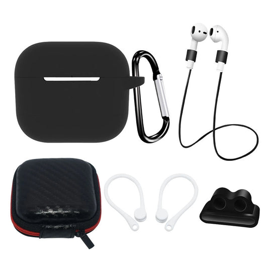 AirPods 3 Silicone Case Set + Case/Ear Hook/Neck Strap/Watch Strap Holder/Carabiner Clasp - black_0