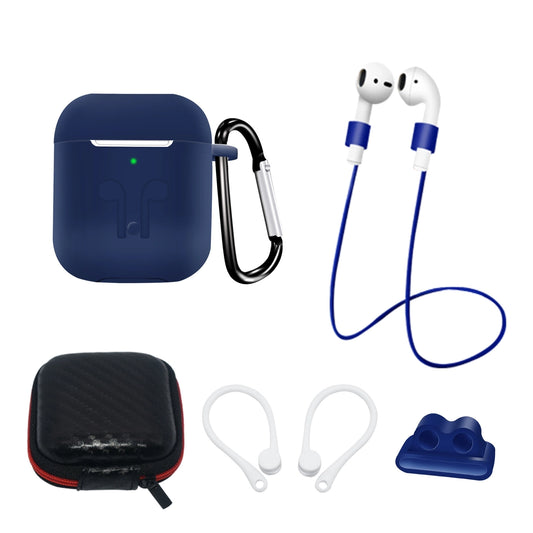 Set of AirPods 2 / AirPods 1 silicone case + case / ear hook / neck strap / watch strap holder / carabiner - blue_0