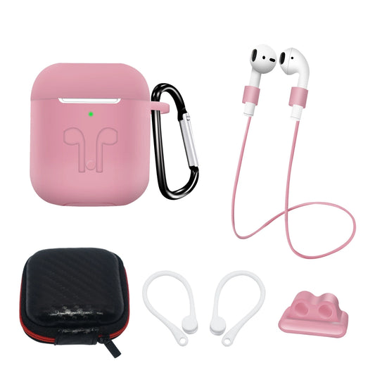 Set of AirPods 2 / AirPods 1 silicone case + case / ear hook / neck strap / watch strap holder / carabiner - pink_0