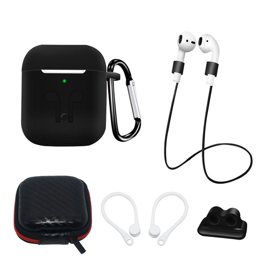 Silicone Case Set for AirPods 2 / AirPods 1 + Case / Ear Hook / Neck Strap / Watch Strap Holder / Carabiner - black_0
