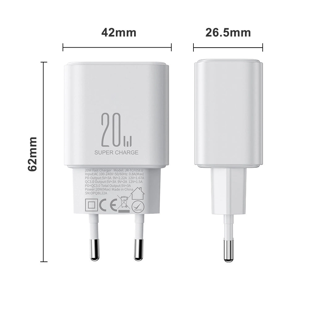 Joyroom JR-TCF05 20W USB-C / USB-A Fast Dual Port Wall Charger - White + USB-C - Lightning 1m_12
