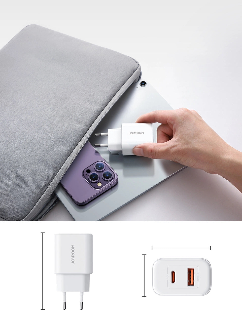 Joyroom JR-TCF05 20W USB-C / USB-A Fast Dual Port Wall Charger - White + USB-C - Lightning 1m_20