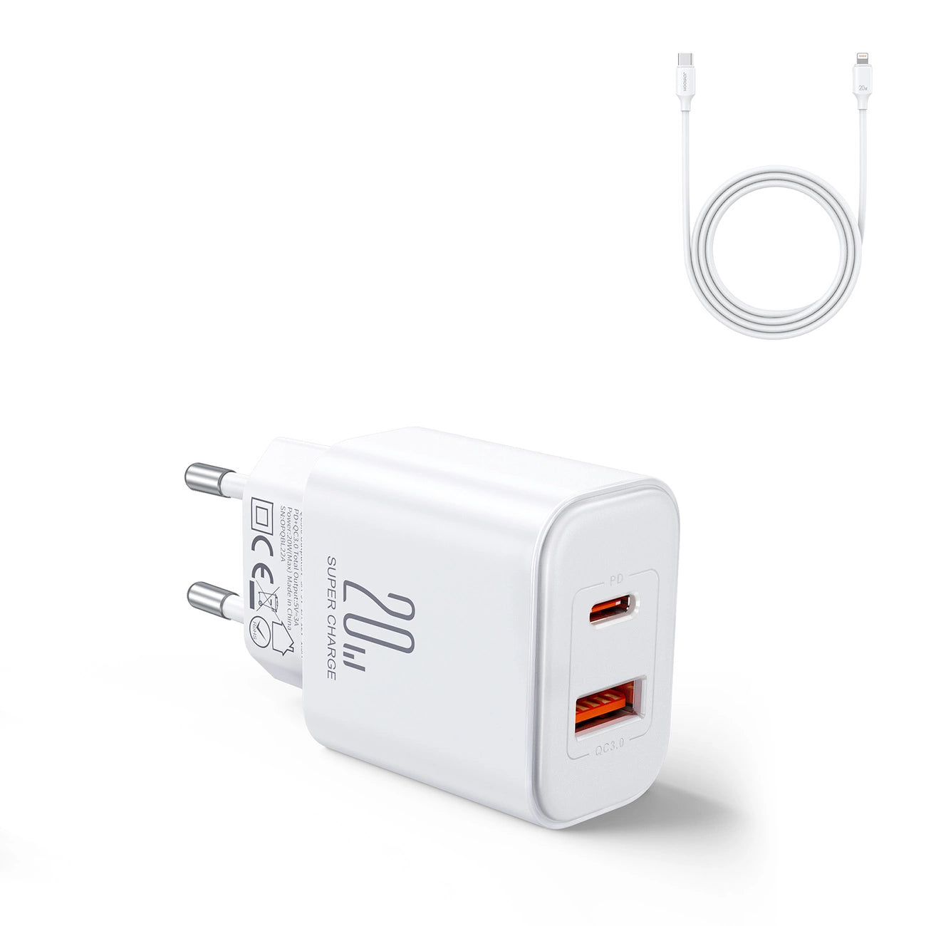 Joyroom JR-TCF05 20W USB-C / USB-A Fast Dual Port Wall Charger - White + USB-C - Lightning 1m_5