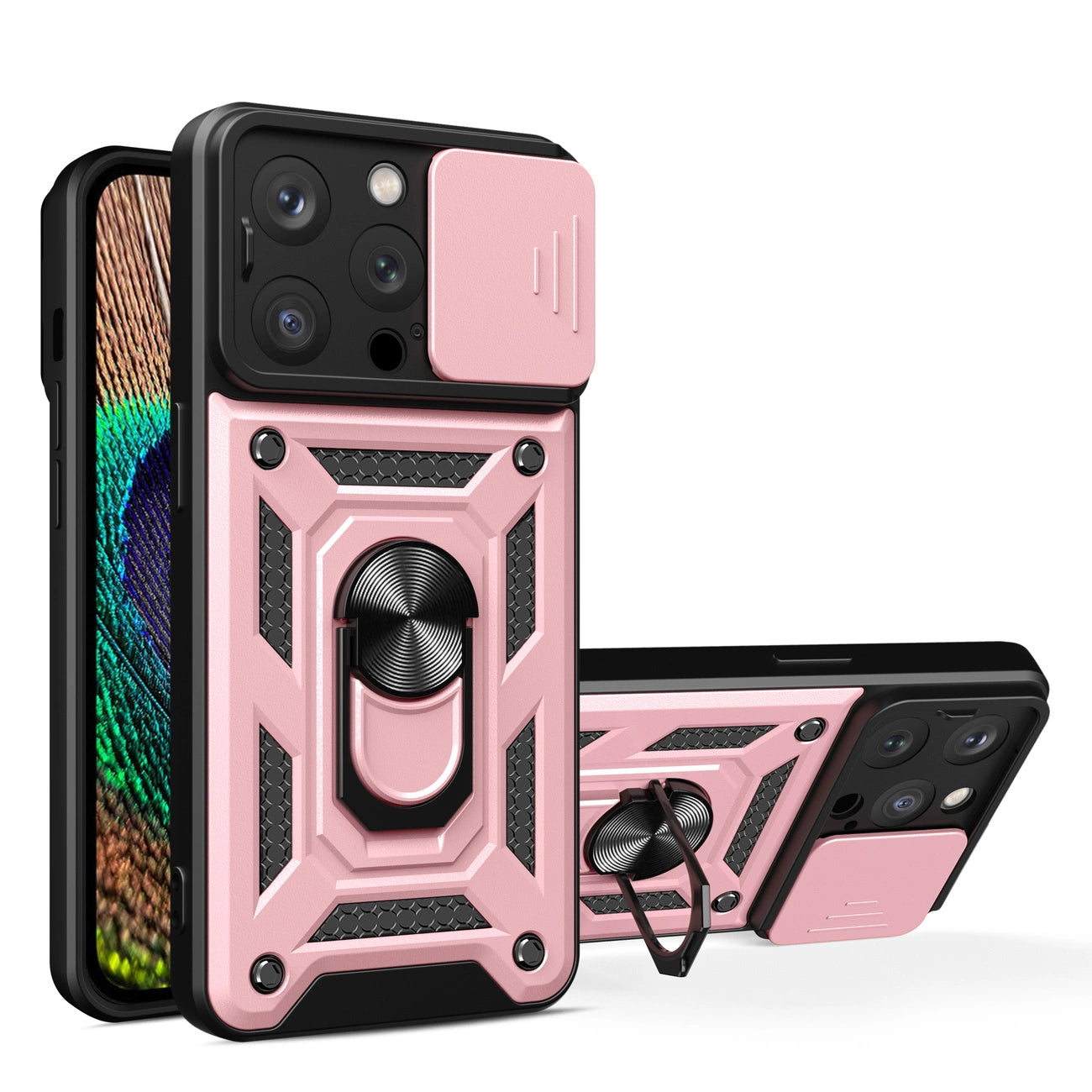 iPhone 15 Pro Max Hybrid Armor Camshield Case with Kickstand and Camera Cover - Pink_0