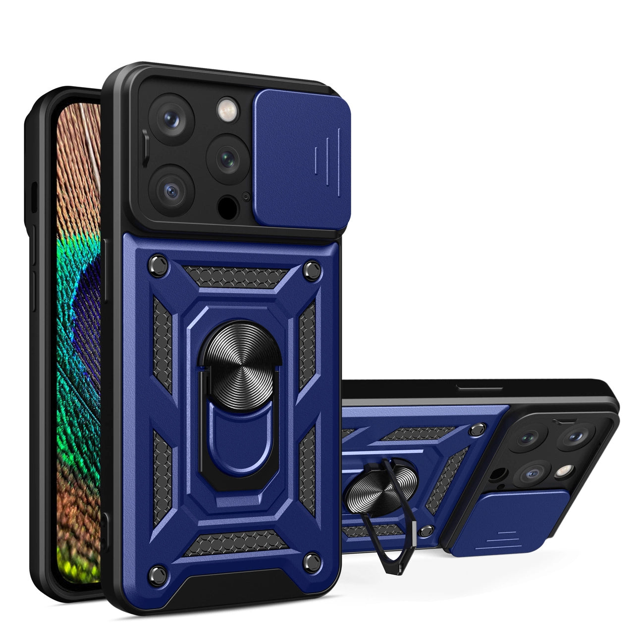 Hybrid Armor Camshield iPhone 15 Pro Case with Kickstand and Camera Cover - Blue_0
