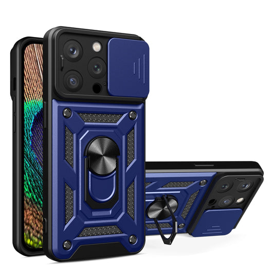 Hybrid Armor Camshield iPhone 15 Pro Case with Kickstand and Camera Cover - Blue_0