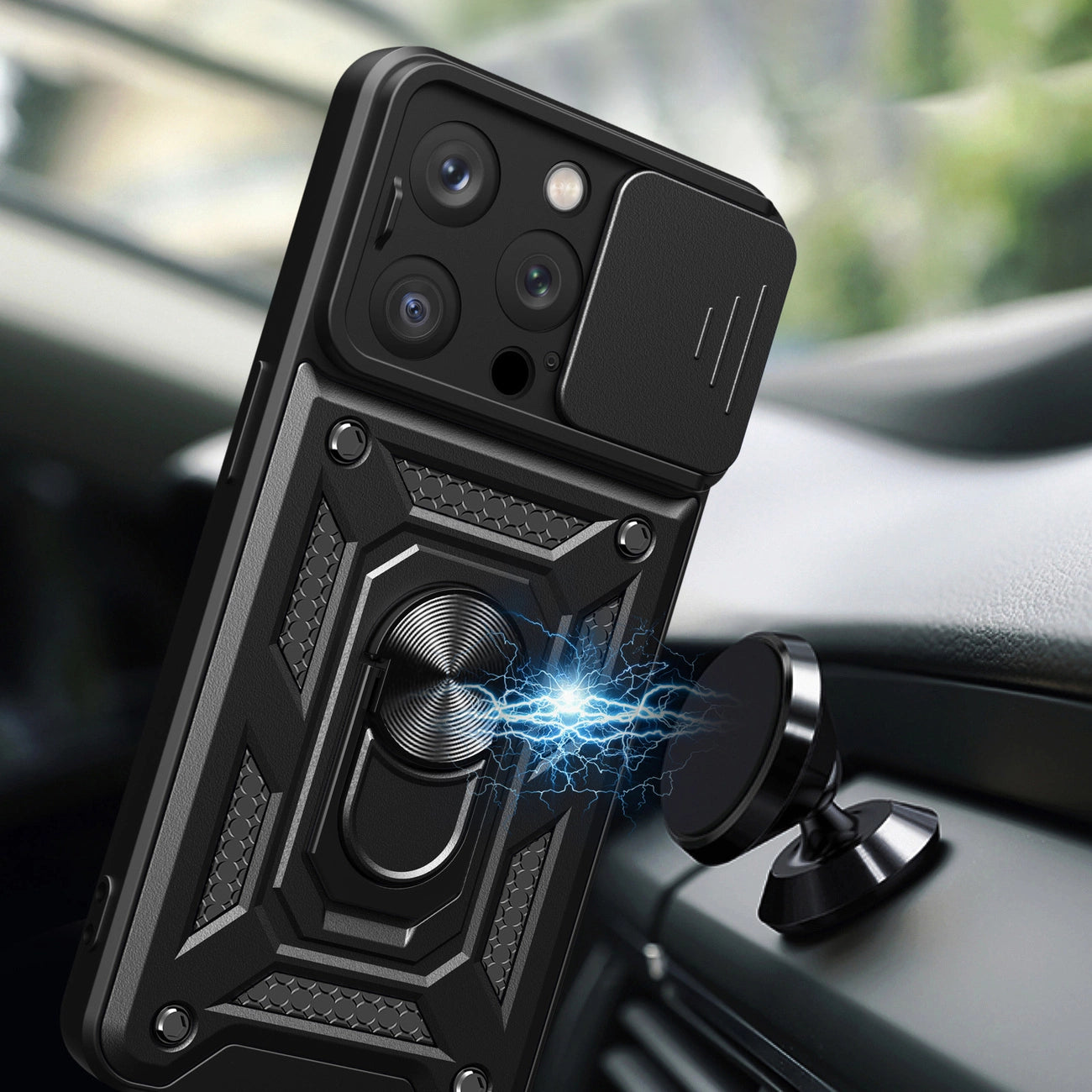 Hybrid Armor Camshield iPhone 15 Pro Case with Kickstand and Camera Cover - Blue_1