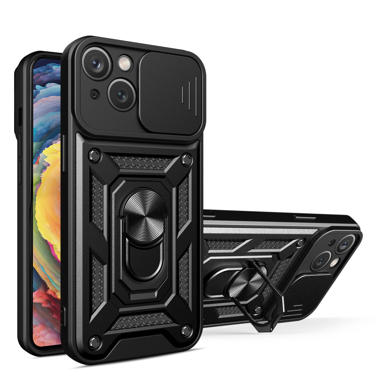Hybrid Armor Camshield Case with Stand and Camera Cover for iPhone 15 Plus - Black_0
