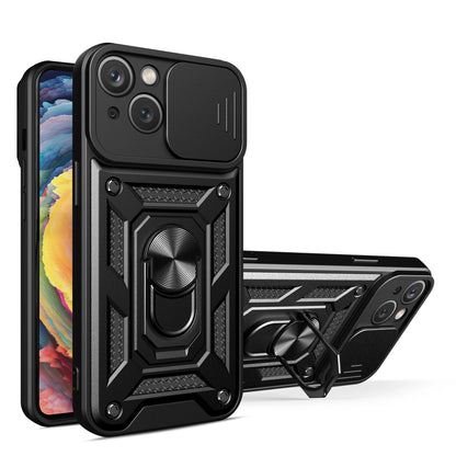 Hybrid Armor Camshield Case with Stand and Camera Cover for iPhone 15 Plus - Black_0