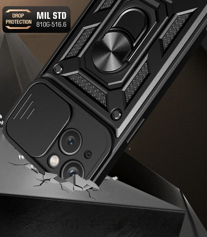 Hybrid Armor Camshield Case with Stand and Camera Cover for iPhone 15 Plus - Black_1