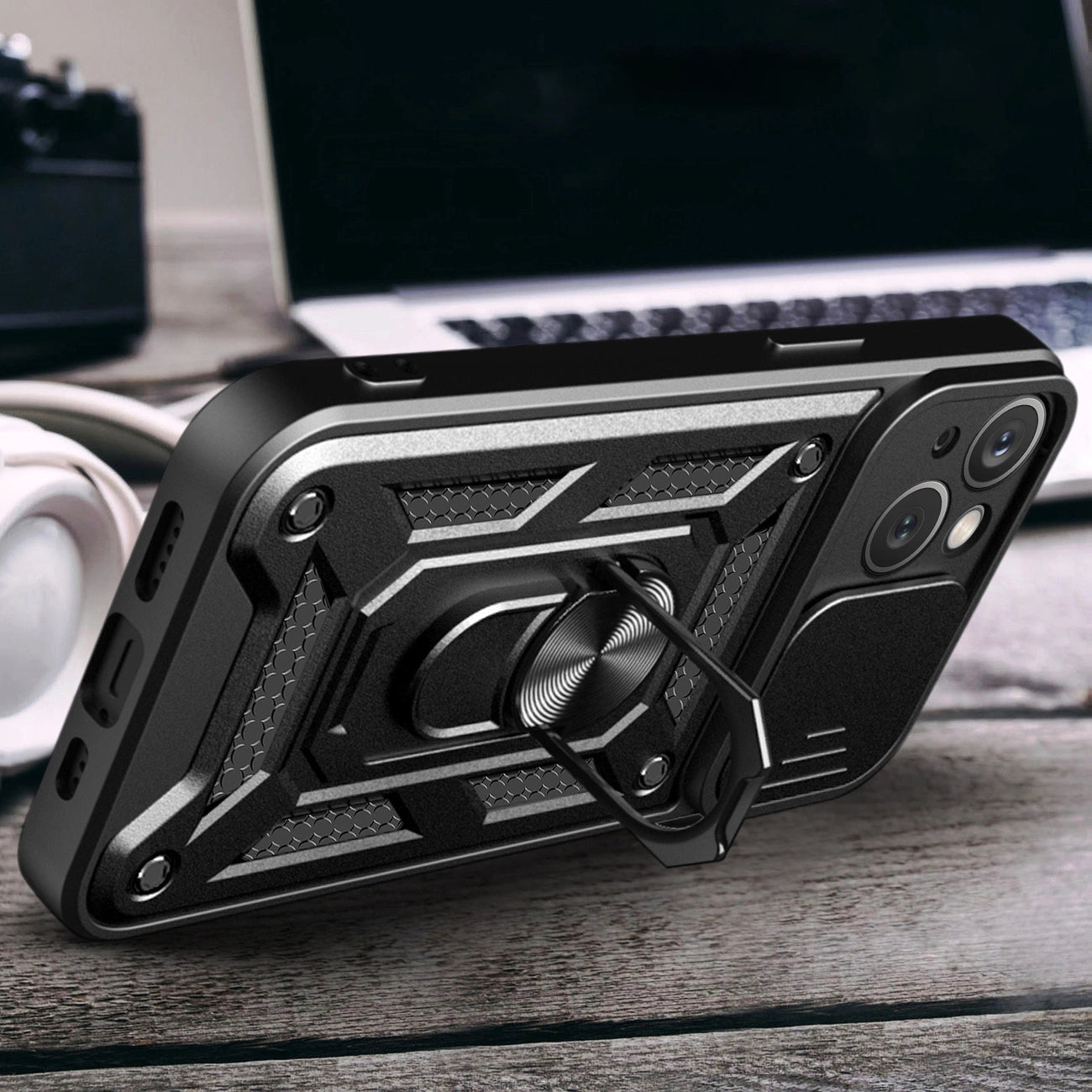 Hybrid Armor Camshield Case with Stand and Camera Cover for iPhone 15 Plus - Black_3