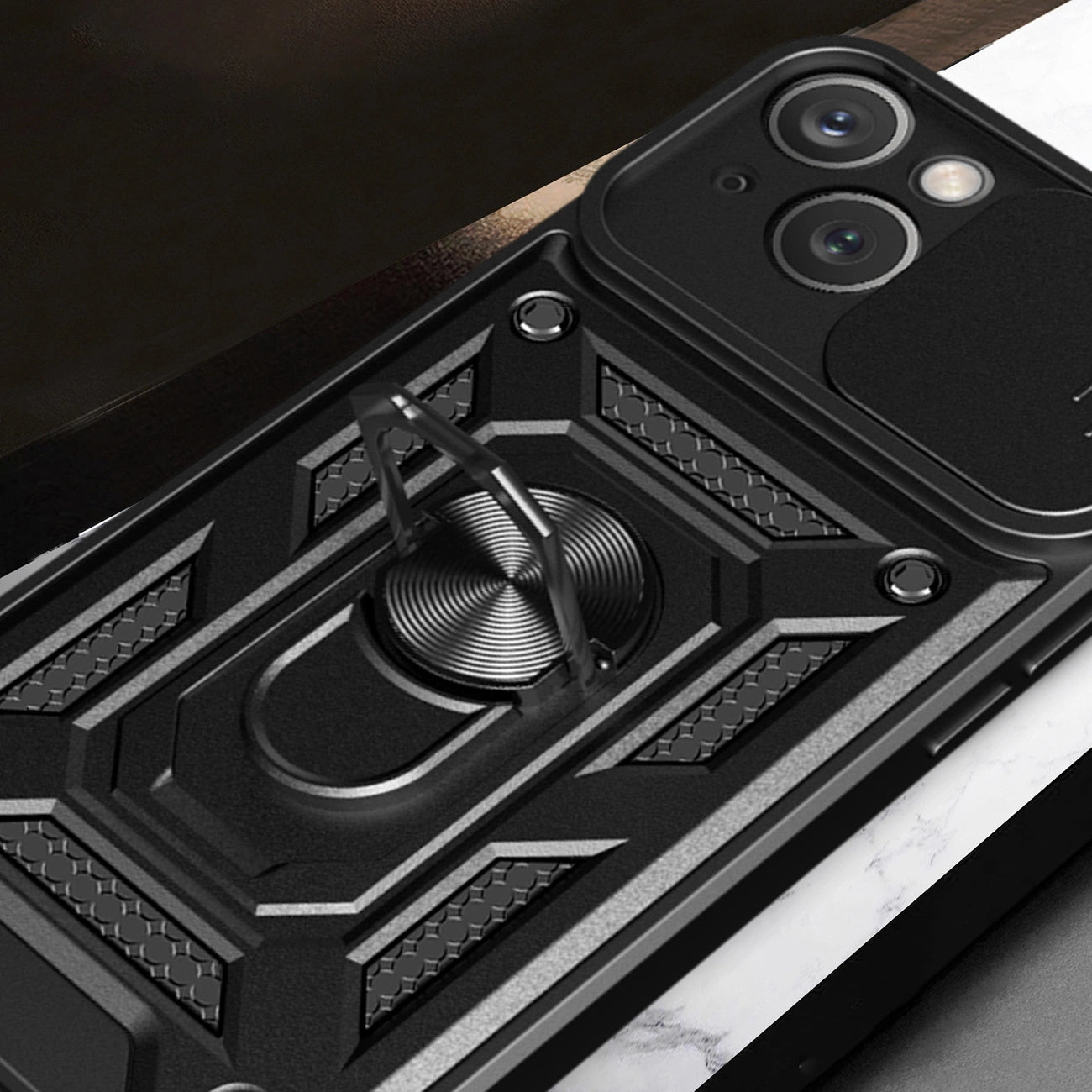 Hybrid Armor Camshield Case with Stand and Camera Cover for iPhone 15 Plus - Black_4