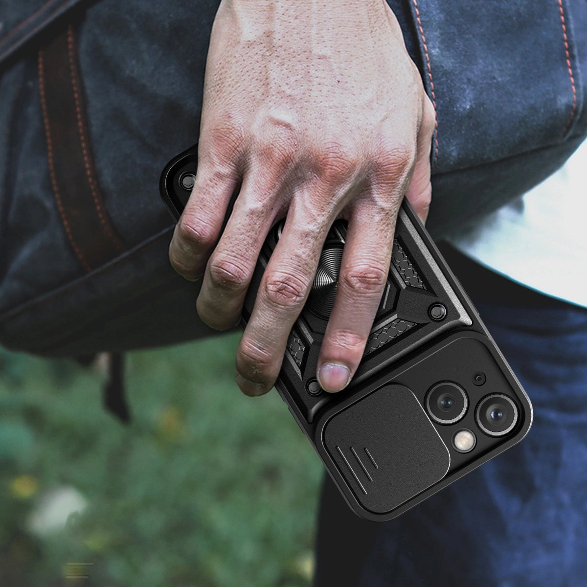 Hybrid Armor Camshield Case with Stand and Camera Cover for iPhone 15 Plus - Black_6