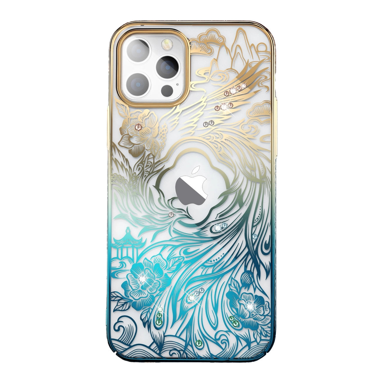 Luxury iPhone 14 Case with Kingxbar Phoenix Crystals - Gold and Blue_0
