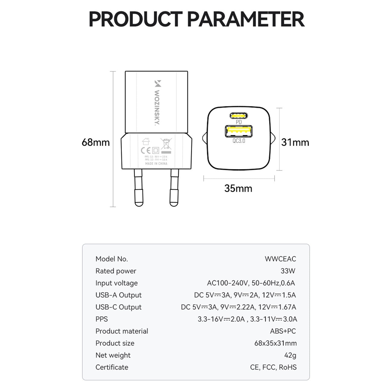 Wozinsky WWCEAC GaN USB-A USB-C 33W wall charger - white_5