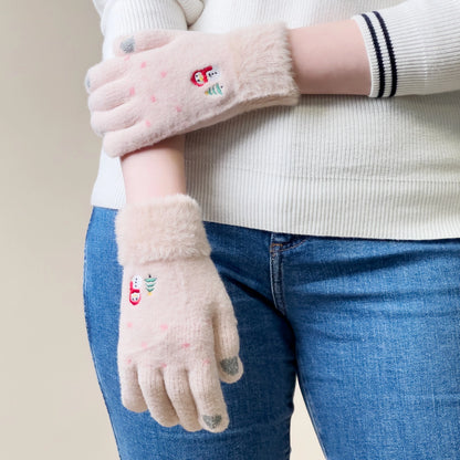Women's winter telephone gloves with a snowman and a Christmas tree - beige_3