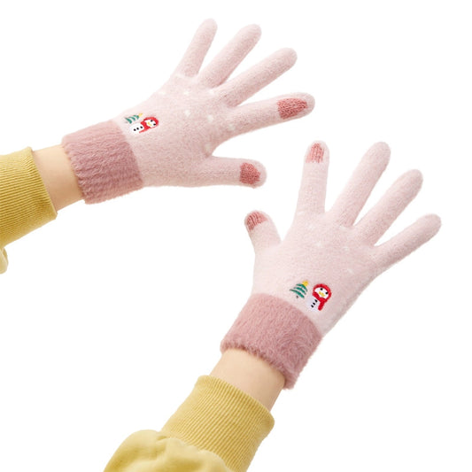 Women's winter telephone gloves with a snowman and a Christmas tree - pink_0