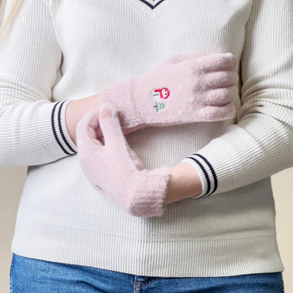 Women's winter telephone gloves with a snowman and a Christmas tree - pink_3