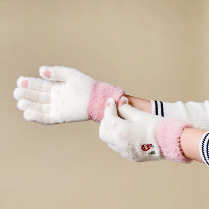 Women's winter telephone gloves with a snowman and a Christmas tree - white and pink_4