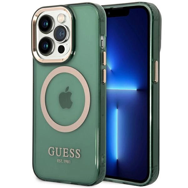 Guess GUHMP14LHTCMA iPhone 14 Pro 6.1" green/khaki hard case Gold Outline Translucent MagSafe_0