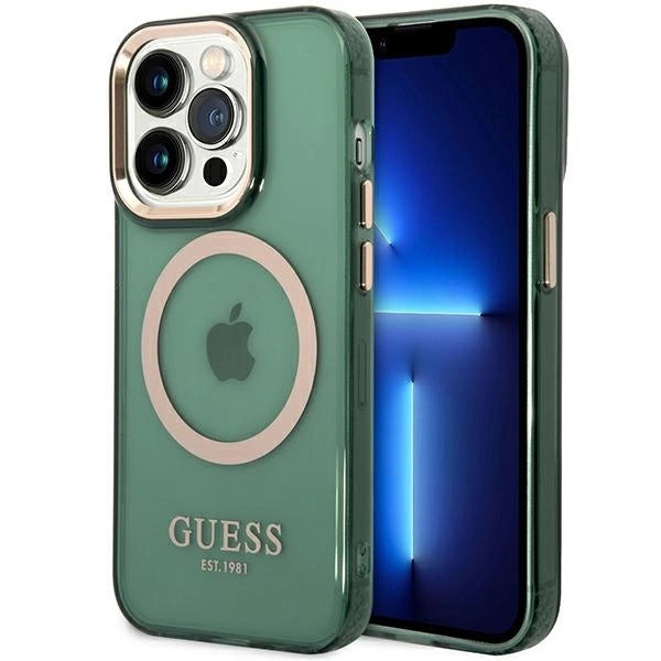 Guess GUHMP14XHTCMA iPhone 14 Pro Max 6.7" green/khaki hard case Gold Outline Translucent MagSafe_0