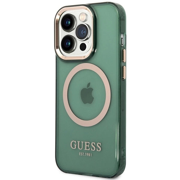 Guess GUHMP14XHTCMA iPhone 14 Pro Max 6.7" green/khaki hard case Gold Outline Translucent MagSafe_1