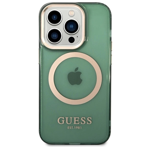 Guess GUHMP14XHTCMA iPhone 14 Pro Max 6.7" green/khaki hard case Gold Outline Translucent MagSafe_2