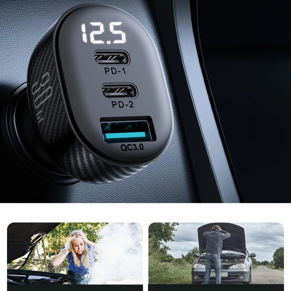 Joyroom JR-CCD04 30W 2x USB-C USB-A car charger with display - black_12