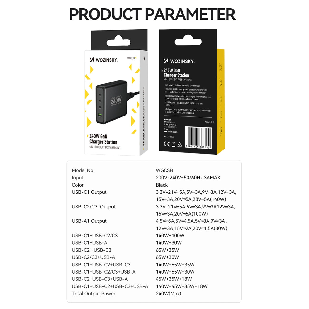 GaN Wozinsky WGCSB 240W USB-A / 3 x USB-C Wall Charger - Black_5