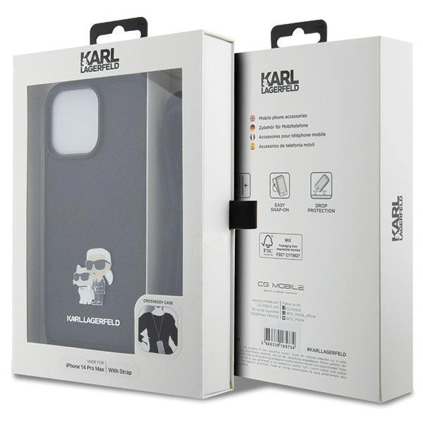Karl Lagerfeld KLHCP14XSAKCPSK case for iPhone 14 Pro Max 6.7" hardcase - black Crossbody Saffiano Metal Pin Karl&Choupette_6