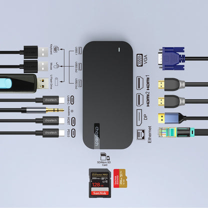 HUB Choetch M52 USB-C - USB-C PD/USB-C/USB-A/HDMI/VGA/DP/SD/TF/RJ45/AUX - gray_4