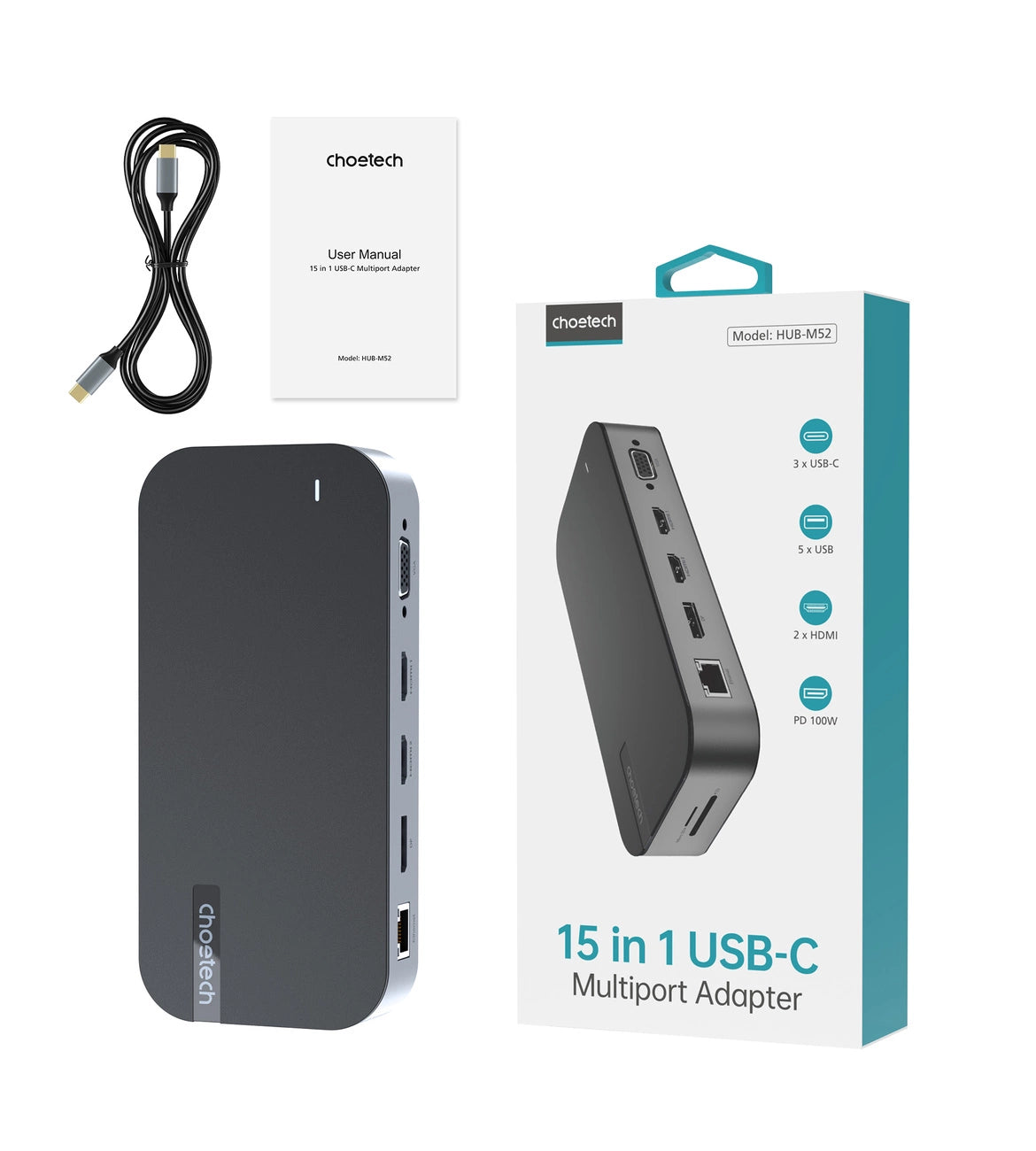 HUB Choetch M52 USB-C - USB-C PD/USB-C/USB-A/HDMI/VGA/DP/SD/TF/RJ45/AUX - gray_3