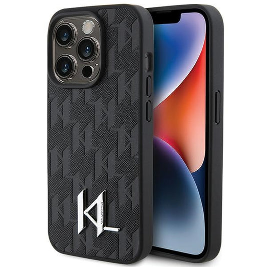 Karl Lagerfeld Leather Monogram Hot Stamp Metal Logo case for iPhone 15 Pro - black_0