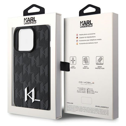 Karl Lagerfeld Leather Monogram Hot Stamp Metal Logo case for iPhone 15 Pro - black_7