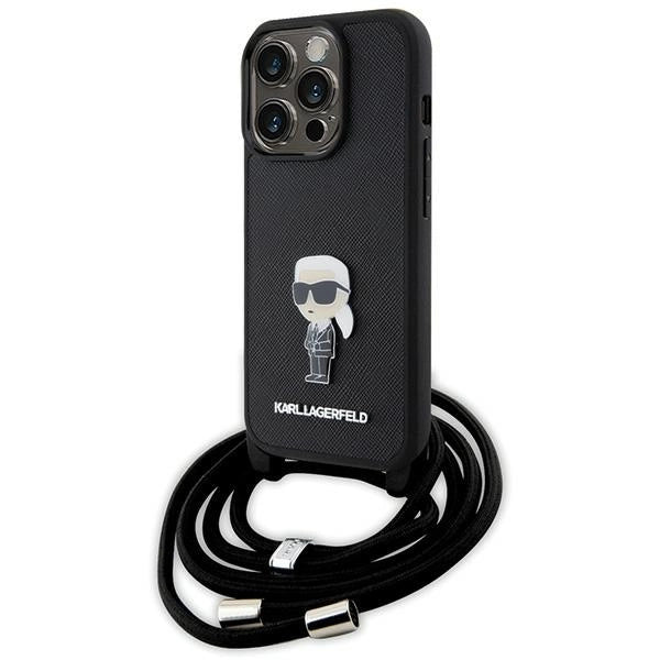 Karl Lagerfeld Crossbody Saffiano Monogram Metal Pin Karl &amp; Choupette Case for iPhone 15 Pro - Black_0