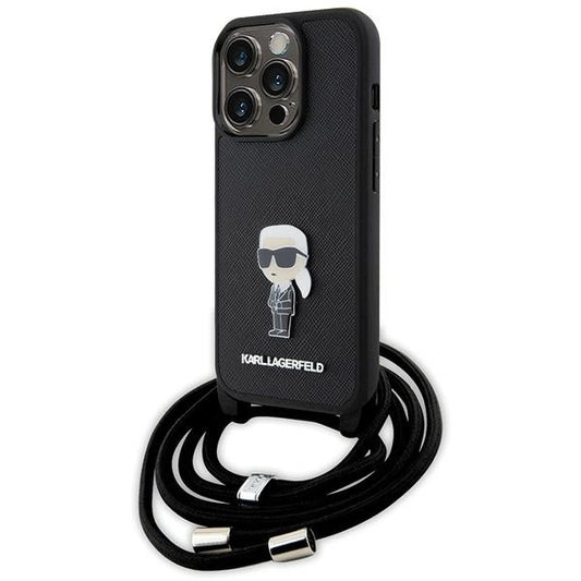 Karl Lagerfeld Crossbody Saffiano Monogram Metal Pin Karl &amp; Choupette Case for iPhone 15 Pro - Black_0