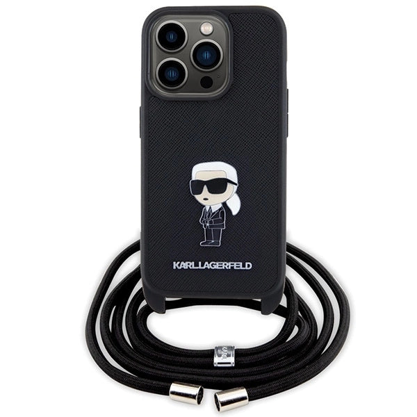 Karl Lagerfeld Crossbody Saffiano Monogram Metal Pin Karl &amp; Choupette Case for iPhone 15 Pro - Black_1